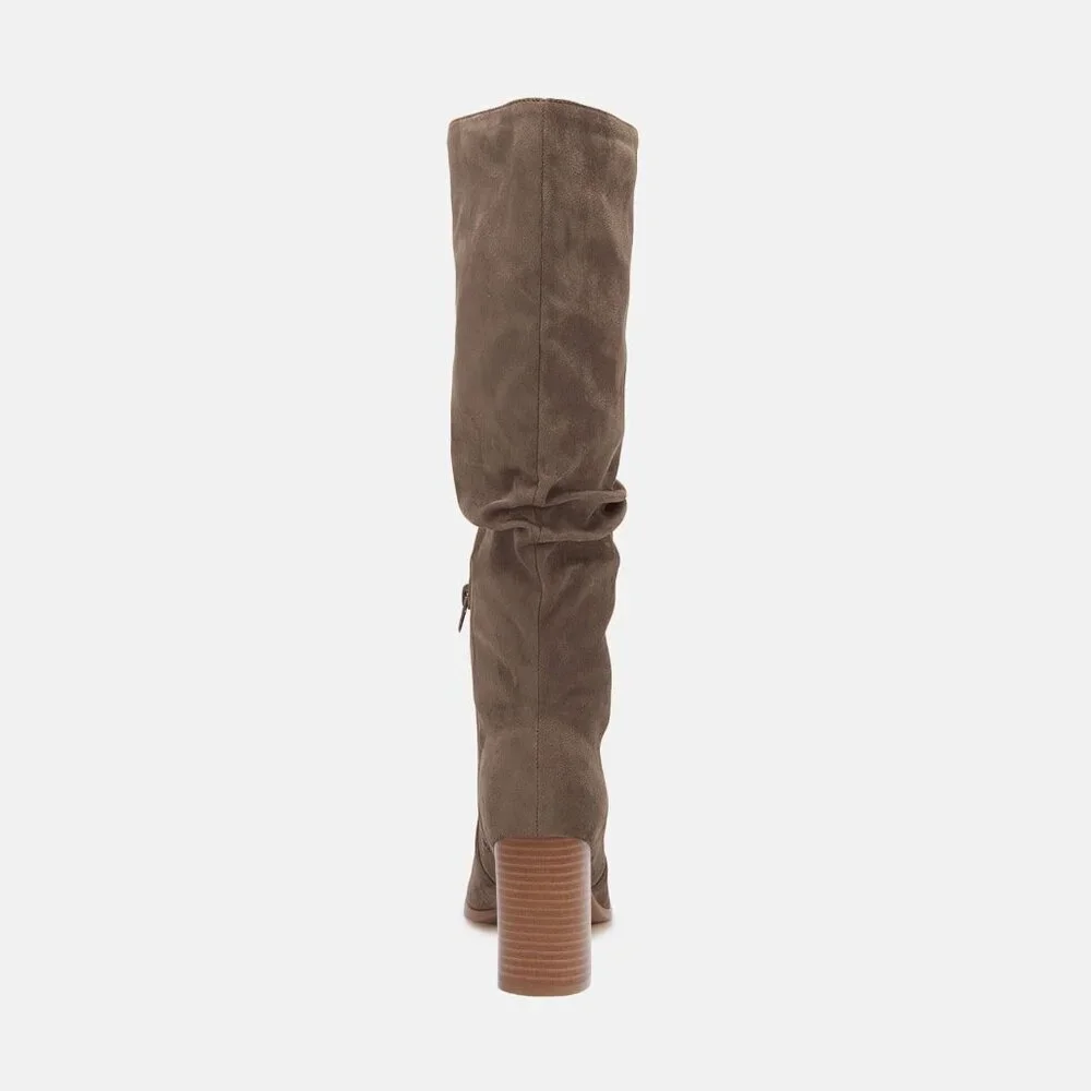 Women's Coffee Chunky High Heel Square Zipper Wide Calf Knee High Boots